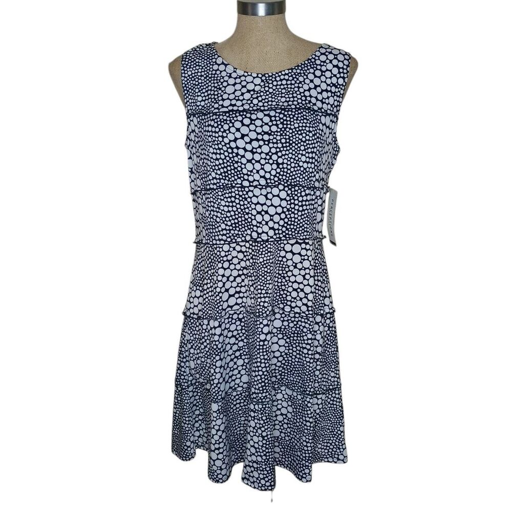 Perceptions New York Womans Sz M Sleeveless Dress Black & White Dots Layered NWT